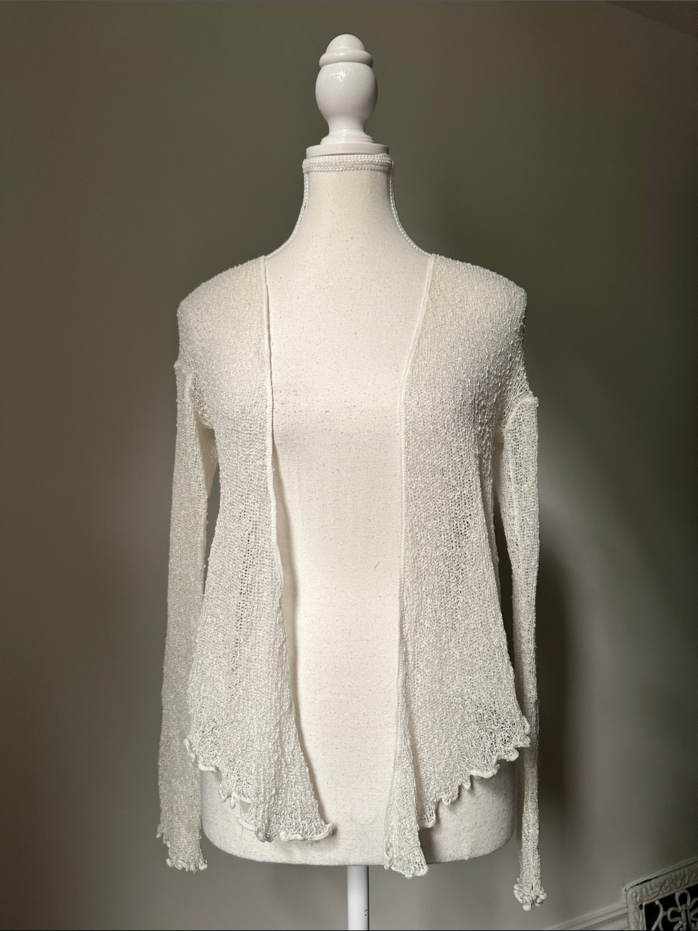 POKOLOKO White Knit Boho Beach Sheer Lettuce Hem Open Front Cardigan Small